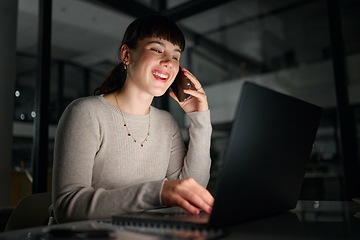 Image showing Phone call, laptop and business woman talking, chatting or speaking to contact at night. Dark office, cellphone and female employee with mobile smartphone for networking, discussion or conversation.