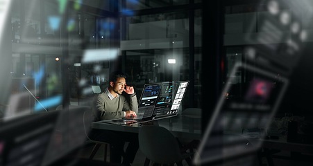 Image showing Businessman, futuristic digital interface and analytics at night for planning, strategy or stock market research at office. Male analyst working late for trading, fintech or big data management