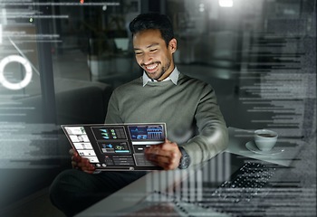 Image showing Businessman, futuristic tablet and analytics at night for digital analysis, statistics or data planning at office. Male employee with future touchscreen interface for company strategy on dark overlay