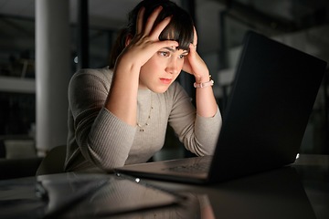 Image showing Laptop, cybersecurity or woman with stress, anxiety or worry from bad mistake or problem online. Data problem, 404 error or frustrated worker stressed by a financial loss on screen at night in office