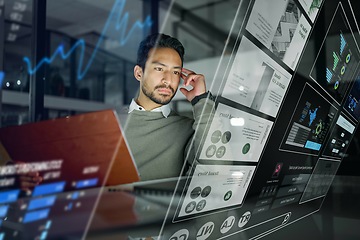 Image showing Businessman, digital interface and trading in analytics for stock market research, strategy or marketing at night office. Male trader with futuristic UI, UX or display for data statistics or analysis