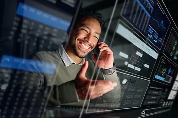 Image showing Dashboard, stock market overlay or man on a phone call talking about trading data or investment stocks. Hologram, smile or happy trader with digital ui or ux on software for financial growth at night