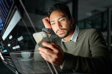 Image showing Phone, hologram or man reading trading news on financial website or searching for investments or stocks. Future overlay or trader with digital ui or ux on fintech app for profit growth data at night