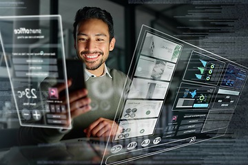 Image showing Phone, hologram or man on trading dashboard with a happy smile for financial investments or stocks online. Future overlay or trader with digital ui or ux on financial app for profit growth at night