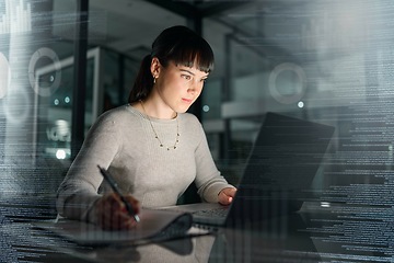 Image showing Businesswoman, laptop and writing analytics at night for planning, documents or online research at office. Female employee with computer in analysis, strategy or project plan on dark digital overlay