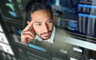 Image showing Dashboard, stock market screen or man thinking of trading data, investment strategy or stocks analytics. Ideas, ai analysis or thoughtful trader with digital ui or ux for financial growth at night