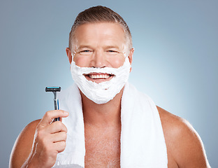 Image showing Shaving foam, happy man and portrait with cream and razor for face cleaning, wellness and skincare. Morning grooming and model with facial care and skin treatment to shave hair in a studio isolated