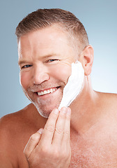 Image showing Shaving, cream and portrait of old man in studio for skincare, grooming and beauty on grey background. Face, foam and hair removal for mature model relax with luxury, skin and product while isolated
