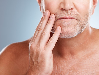 Image showing Skincare, beard and man model in a studio for a hygiene, grooming and cosmetic facial routine. Health, wellness and mature male touching his face for a beauty, natural and dermatology treatment.