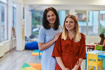 Image showing Portrait of a two teacher in a preschool institution, in the background of the classrooms