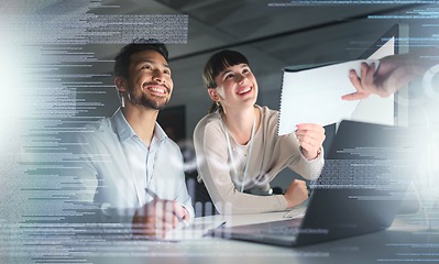 Image showing Information technology, overlay and team with documents on laptop for tech development, programming and coding. Networking, developer and man and woman smile with paperwork, project and data report