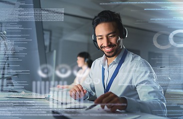 Image showing Call center, customer support overlay and man with smile for contact us, telemarketing and crm network. Communication, digital hologram and male working on computer, writing notes and consulting