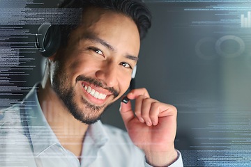 Image showing Call center, overlay and portrait of man for customer support, telemarketing and crm networking. Communication hologram, contact us and face of consultant smile for help, friendly service and trust