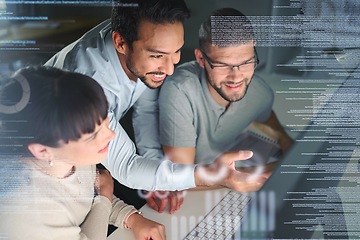 Image showing Business people, coding team and information technology with computer screen, programming and software development. Code overlay, futuristic and collaboration, meeting with programmer group in office