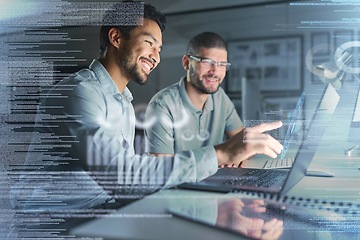 Image showing Teamwork, laptop hologram and people with data analytics, cyber security research and cloud computing. Coding, programming and developer business men with software strategy, planning in night overlay