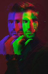 Image showing Man, face and double exposure with portrait, fashion with watch and neon overlay isolated on studio background. Color, creative aesthetic and style, art and cosmetics, dark with special effects