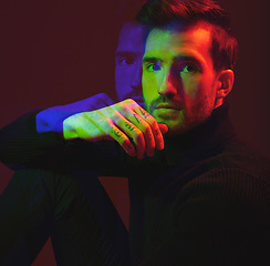 Image showing Man, face and double exposure with portrait, abstract with neon lighting and fashion with overlay isolated on studio background. Color, creative aesthetic and style, art and cosmetics with reflection