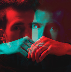 Image showing Man, face and hands with double exposure, portrait with neon lighting and fashion overlay, dark with special effects. Color, creative aesthetic and style, art and cosmetics with reflection