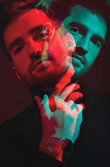 Image showing Man, face and double exposure with portrait, neon lighting and fashion with overlay isolated on studio background. Color, creative aesthetic and style, art and cosmetics, dark with special effects