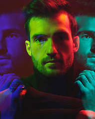 Image showing Man, face and double exposure with portrait on dark background, fashion and neon light overlay isolated in studio. Color, creative aesthetic and style, art and reflection with special effects