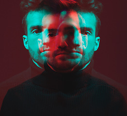 Image showing Neon lighting, double exposure and portrait of man isolated in studio for art, identity and confidence. Fashion, creative aesthetic and male model face with elegant, classy and stylish clothes