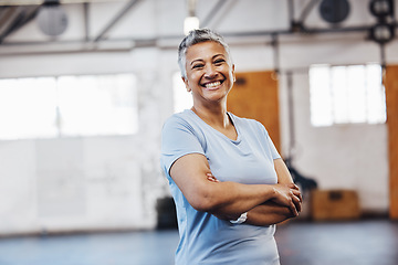 Image showing Senior, black woman and gym portrait of a person happy about fitness, training and exercise. Sports, happy and pilates studio of mature female with arms crossed proud about wellness and health