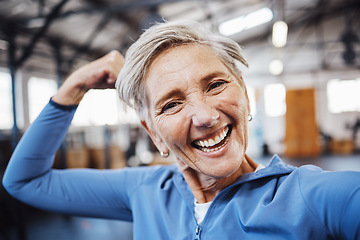 Image showing Senior woman, flex and smile for selfie or profile picture in exercise, workout or muscle training at the gym. Portrait of happy elderly female face in fitness smiling for vlog, social media or post