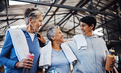 Image showing Support, fitness and friends with senior women for training, health and motivation. Retirement, wellness and exercise with group of people in gym center for workout, cardio and happiness together