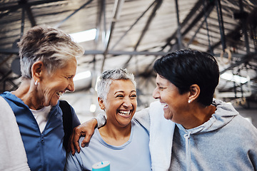 Image showing Teamwork, sports and fitness with senior women for training, support and motivation. Retirement, wellness and exercise with group of friends in gym center for workout, cardio and happiness together