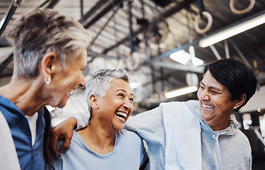 Image showing Support, sports and health with senior women for training, fitness and motivation. Retirement, wellness and exercise with group of friends in gym center for workout, cardio and happiness together