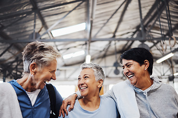 Image showing Friends, support and fitness with senior women for training, health and motivation. Retirement, wellness and exercise with group of people in gym center for workout, cardio and happiness together