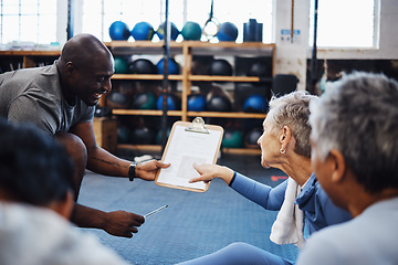 Image showing Senior friends, fitness and gym personal trainer contract with elderly women ready for wellness. Sports checklist, exercise list and workout group with happiness and smile in sport training gym