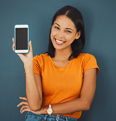 Image showing Woman, happy portrait and phone screen mockup for advertising website, network or contact on internet. Face of person with smartphone for ux promotion, about us and display on web for brand or logo