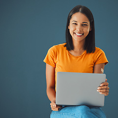 Image showing Laptop, woman and smile in portrait with mockup space, communication and technology isolated on studio background. Email, blog and copywriting with writer, happy person and connectivity with website