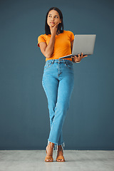 Image showing Laptop, thinking and woman in studio with emoji and gesture as a student against grey background. Idea, girl and contemplation while online for advertising, mockup and space while posing isolated