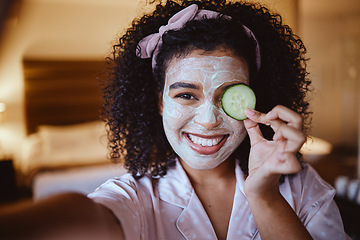 Image showing Portrait, selfie and cucumber with woman for mask, happy and smile with facial, skincare or grooming in bedroom. Face, fruit and photo by girl relax with raw, vegan and eco product for skin detox