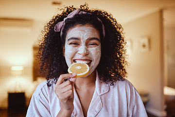 Image showing Orange, skincare and portrait of woman eating in bedroom for wellness, grooming or facial. Fruit, face and girl relax with citrus, natural and skin, detox and diet, happy and smile for vitmain c