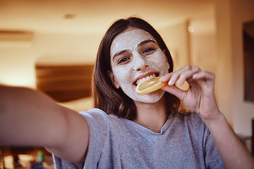 Image showing Selfie, portrait and woman eating orange during skincare, beauty and grooming in bedroom, happy and smile. Face, vitamin c and girl influencer relax with fruit facial, mask or detox treatment at home