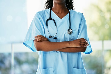 Image showing Black woman, doctor and stethoscope with arms crossed of healthcare consultant, advise or insurance outside. Hands of confident African American female medical expert or nurse in health and wellness