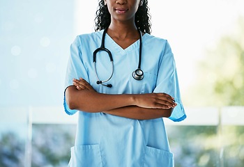 Image showing Healthcare, leadership and African doctor with crossed arms and stethoscope standing in garden. Confidence, leader and professional black woman medical worker in medicare hospital after consultation.