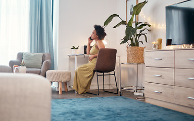 Image showing Black woman, pregnant and phone call sitting on chair in relax for maternity leave or communication at home. African American female relaxing and holding stomach talking on smartphone in conversation