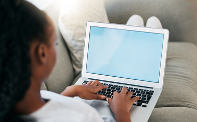 Image showing Mockup screen, black woman working on laptop for communication, marketing advertising or networking in home living room. Digital, space or girl typing on tech for social media, website or internet