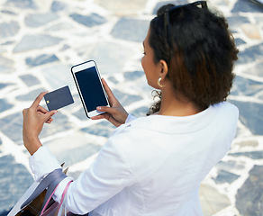 Image showing Woman, hands and phone with credit card for ecommerce, online shopping or purchase on mockup outside. Happy female with 5G connection, banking app or buying on mobile smartphone with debit account