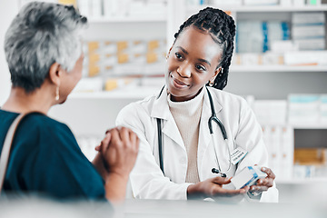 Image showing Help, medicine or old woman consulting with a pharmacist for retail healthcare treatment information. Questions, trust or doctor helping a sick senior person shopping for pills or medical drugs