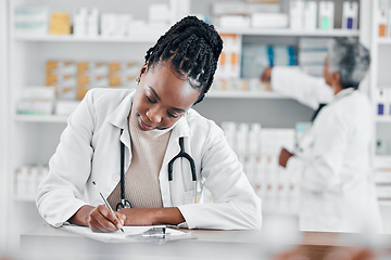 Image showing Healthcare, insurance and pharmacist writing notes for medicine, stock checklist and inventory. Pharmacy, working and black woman with a document for clinic pills, product and medical information