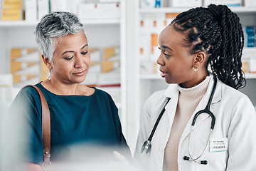 Image showing Questions, pharmacy or old woman consulting with a pharmacist for retail healthcare information. Medicine, trust or doctor helping a sick senior person shopping for medication, pills or medical drugs