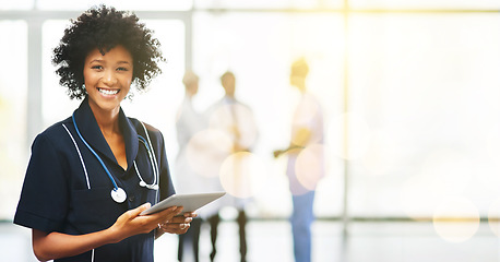 Image showing Black woman, doctor and portrait with tablet on banner, mockup space and bokeh background. Happy healthcare worker, digital technology and planning medical innovation, telehealth app and online trust