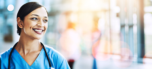 Image showing Woman, happy doctor and thinking on banner, mockup space and bokeh background. Face of healthcare worker with smile, motivation and thinking of medical innovation, future medicine or positive mindset