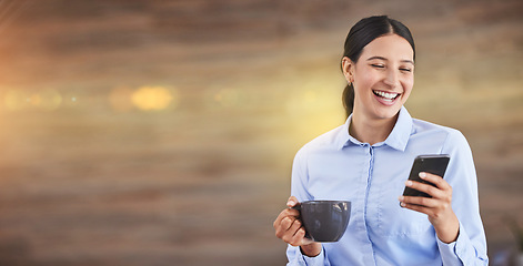 Image showing Business woman on phone, coffee break in office and relax with wifi network on mockup space. Happy professional person smiling, texting online with social media and typing message on smartphone