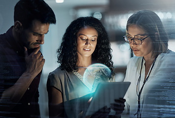 Image showing Hologram, programmer and business team planning global internet connection or innovation of technology in the night. Coding, IT and corporate people teamwork with a tablet working on website or web